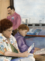 Watercolor of three men waiting for a flight