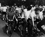 Photograph of me, one of the women I rode with, and a tandem at start of PBP