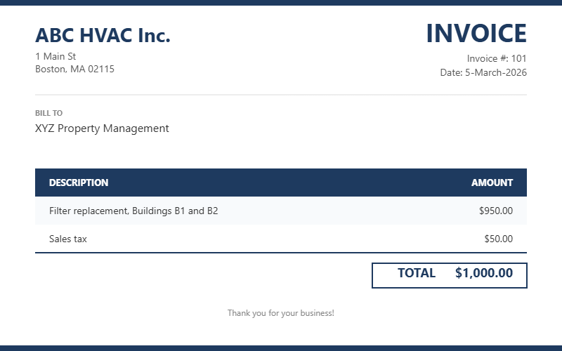 Example invoice for a plumbing job.