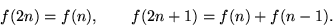 
f(2n) = f(n),  f(2n+1) = f(n) + f(n-1) . 