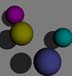 Picture of four spheres with ambient and diffuse light, shadows on the back plane