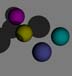 Picture of four spheres with ambient and diffuse light, shadows on the back plane and spheres