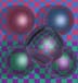 Picture of a two colored checkered rectangle seen through five glass balls.