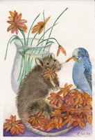 Watercolor of rat (Tycho) and parakeet (Zach) building a nest