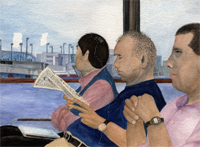 Watercolor of three men waiting for a flight