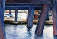 Watercolor of view under Rowes Wharf