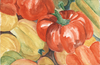 Watercolor of peppers at market by Harriet Fell
